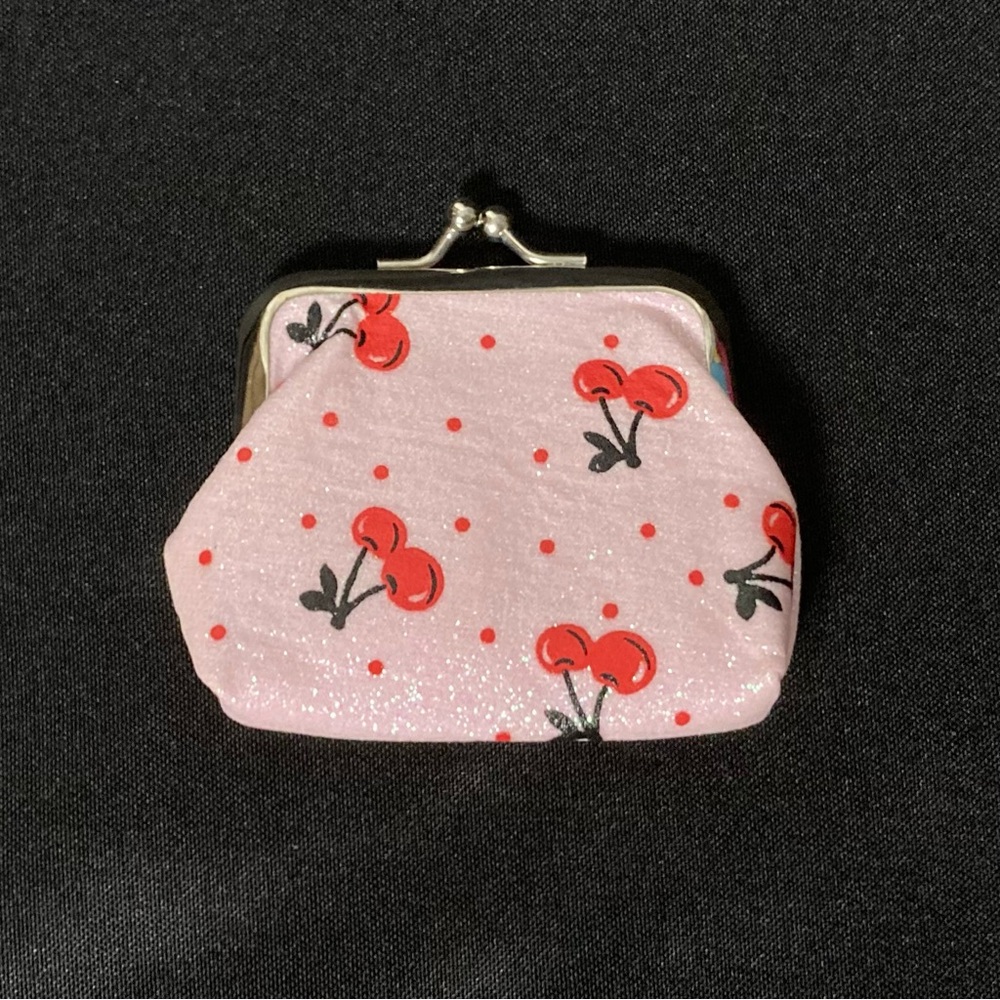 Pink Sparkly Cherry Pattern Kiss Latch Mini Change Purse